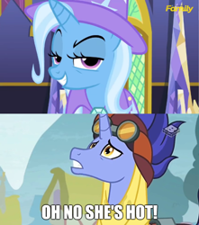 Size: 1272x1440 | Tagged: safe, edit, edited screencap, screencap, character:hoo'far, character:trixie, ship:trixfar, episode:no second prances, episode:on the road to friendship, g4, my little pony: friendship is magic, female, male, meme, oh no he's hot, shipping, straight