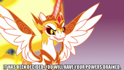 Size: 1280x720 | Tagged: safe, edit, edited screencap, screencap, character:daybreaker, character:princess celestia, species:alicorn, species:pony, episode:a royal problem, g4, my little pony: friendship is magic, caption, female, image macro, mane of fire, meme, spread wings, text, wings
