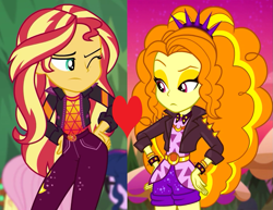 Size: 1139x881 | Tagged: safe, edit, edited screencap, screencap, character:adagio dazzle, character:sunset shimmer, ship:sunsagio, equestria girls:sunset's backstage pass, g4, my little pony: equestria girls, my little pony:equestria girls, spoiler:eqg series (season 2), female, heart, lesbian, music festival outfit, shipping, shipping domino