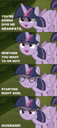 Size: 1280x2872 | Tagged: safe, edit, edited screencap, screencap, character:mean twilight sparkle, episode:the mean 6, g4, my little pony: friendship is magic, caption, cropped, evil grin, eyes closed, grin, image macro, kubrick stare, lidded eyes, meme, open mouth, pure unfiltered evil, sinister, smiling, solo, text