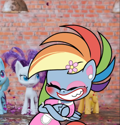 Size: 735x768 | Tagged: safe, edit, edited screencap, screencap, character:applejack, character:rainbow dash, character:rarity, species:earth pony, species:pegasus, species:pony, species:unicorn, my little pony:equestria girls, my little pony:pony life, apron, beautiful, blushing, clothing, cropped, crossed arms, dress, ear piercing, embarrassed, eyes closed, eyeshadow, female, feminization, flower, flower in hair, girly, grin, housewife, humiliated, humiliation, lipstick, maid, makeup, mare, piercing, rainbow dash always dresses in style, sissy, skirt, smiling, solo, tomboy taming