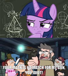 Size: 1663x1865 | Tagged: safe, edit, edited screencap, screencap, character:twilight sparkle, character:twilight sparkle (alicorn), species:alicorn, species:pony, episode:sparkle's seven, g4, my little pony: friendship is magic, caption, chalkboard, comic, dipper pines, dungeons dungeons and more dungeons, fancy mathematics, female, ford pines, glow, gravity falls, grenda, grunkle stan, gun, image macro, impact font, mabel pines, mare, math, meme, raised eyebrow, raised hoof, screencap comic, text, thinking, weapon, written equestrian