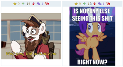 Size: 486x267 | Tagged: safe, edit, edited screencap, screencap, character:pipsqueak, character:scootaloo, species:pegasus, species:pony, derpibooru, episode:sleepless in ponyville, g4, my little pony: friendship is magic, caption, image macro, juxtaposition, juxtaposition win, meme, meta, subtitles, text, the pirates band of misfits, well yes but actually no
