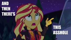 Size: 1920x1080 | Tagged: safe, edit, edited screencap, screencap, character:sunset shimmer, equestria girls:sunset's backstage pass, g4, my little pony: equestria girls, my little pony:equestria girls, spoiler:eqg series (season 2), and then there's this asshole, caption, female, image macro, impact font, meme, solo, text, text edit, vulgar