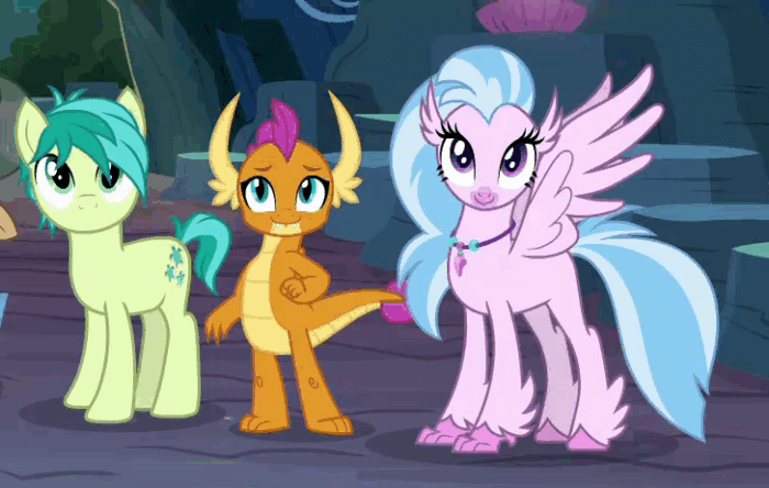 Size: 700x444 | Tagged: safe, edit, edited screencap, screencap, character:sandbar, character:silverstream, character:smolder, character:yona, species:dragon, species:hippogriff, species:pony, episode:uprooted, g4, my little pony: friendship is magic, animated, cropped, cute, diastreamies, gif, glomp, hug, no mouth, offscreen character, sandabetes, smolderbetes, squishy, squishy cheeks