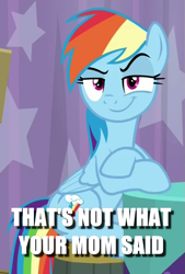 Size: 579x859 | Tagged: safe, edit, edited screencap, screencap, character:rainbow dash, species:pegasus, species:pony, episode:a trivial pursuit, g4, my little pony: friendship is magic, caption, cropped, faec, female, image macro, meme, smug, smugdash, solo, text, your mom