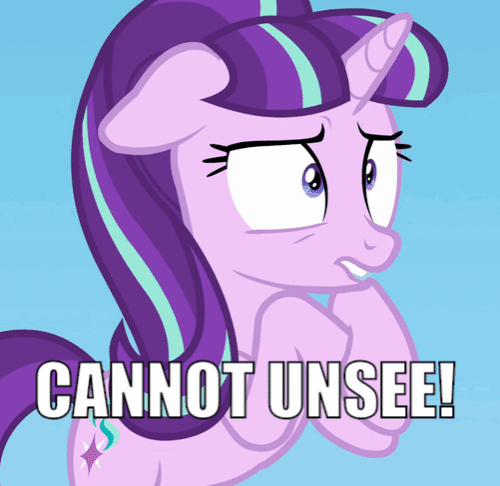 Size: 500x486 | Tagged: safe, edit, edited screencap, screencap, character:starlight glimmer, species:pony, species:unicorn, episode:the cutie re-mark, animated, bipedal, cannot unsee, caption, cropped, female, gif, image macro, mare, meme, reaction image, s5 starlight, solo, text