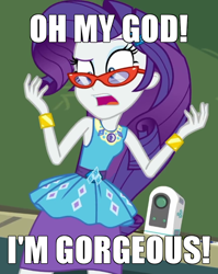 Size: 572x718 | Tagged: safe, edit, edited screencap, screencap, character:rarity, episode:happily ever after party, g4, my little pony: equestria girls, my little pony:equestria girls, bracelet, captain obvious, caption, cropped, dick solomon, female, geode of shielding, glasses, glasses rarity, happily ever after party: rarity, image macro, jewelry, magical geodes, meme, oh my god, projector, rarity's glasses, solo, text, third rock from the sun
