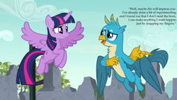 Size: 1920x1080 | Tagged: safe, edit, edited screencap, screencap, character:gallus, character:twilight sparkle, character:twilight sparkle (alicorn), species:alicorn, species:griffon, species:pony, episode:uprooted, g4, my little pony: friendship is magic, caption, female, finger snap, flying, griffon magic, harry potter and the methods of rationality, headcanon, magic, male, rational fic bait, twilight is not amused, unamused