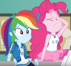 Size: 463x434 | Tagged: safe, edit, edited screencap, screencap, character:pinkie pie, character:rainbow dash, equestria girls:forgotten friendship, g4, my little pony: equestria girls, my little pony:equestria girls, confused, cropped, discovery family logo, facepalm, pinkie pie is not amused, unamused