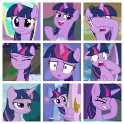 Size: 3264x3264 | Tagged: safe, edit, screencap, character:twilight sparkle, character:twilight sparkle (alicorn), species:alicorn, species:pony, episode:a trivial pursuit, episode:all bottled up, episode:father knows beast, episode:molt down, episode:non-compete clause, episode:p.p.o.v. (pony point of view), episode:the point of no return, g4, my little pony: friendship is magic, bag, bell, bipedal, bipedal leaning, collage, covering eyes, cropped, door, doorknob, eyes closed, facehoof, facepalm, faec, female, floppy ears, frown, frustrated, gasp, gesture, gritted teeth, horrified, leaning, looking sideways, mare, open mouth, raised eyebrow, raised hoof, reaction image, sad, saddle bag, shocked, sitting, smiling, smug, solo, spike's room, twilight is not amused, unamused, unsure, wide eyes, worried