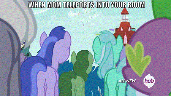 Size: 576x324 | Tagged: safe, edit, edited screencap, screencap, character:amethyst star, character:lyra heartstrings, character:oakey doke, character:sea swirl, character:sparkler, character:spike, episode:it ain't easy being breezies, g4, my little pony: friendship is magic, all new, animated, butt, caption, female, hub logo, hubble, image macro, male, plot, text, the hub