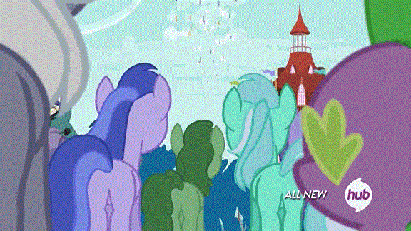 Size: 576x324 | Tagged: safe, edit, screencap, character:amethyst star, character:lyra heartstrings, character:oakey doke, character:sea swirl, character:sparkler, character:spike, episode:it ain't easy being breezies, g4, my little pony: friendship is magic, all new, animated, butt, female, gif, hub logo, hubble, male, plot, text, the hub