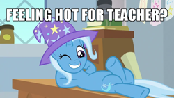 Size: 640x360 | Tagged: safe, edit, edited screencap, screencap, character:trixie, species:pony, species:unicorn, episode:a horse shoe-in, g4, my little pony: friendship is magic, anatomically incorrect, caption, clothing, female, hat, hot for teacher, image macro, incorrect leg anatomy, mare, meme, on back, one eye closed, solo, text, trixie yells at everything, trixie's hat, wink, wizard hat