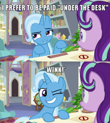 Size: 640x720 | Tagged: safe, edit, edited screencap, screencap, character:phyllis, character:starlight glimmer, character:trixie, species:pony, species:unicorn, ship:startrix, episode:a horse shoe-in, g4, my little pony: friendship is magic, caption, comic, female, globe, image macro, implied cunnilingus, implied oral, implied sex, innuendo, lesbian, mare, meme, one eye closed, school of friendship, screencap comic, shipping, starlight's office, text, trixie yells at everything, wink