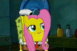 Size: 500x333 | Tagged: safe, edit, edited screencap, screencap, character:fluttershy, episode:trade ya, g4, my little pony: friendship is magic, 1000 hours in gimp, cursed image, reaction image, smiling, smirk, spongebob squarepants, you like krabby patties don't you squidward?