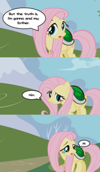 Size: 640x1104 | Tagged: safe, edit, edited screencap, screencap, character:fluttershy, species:pegasus, species:pony, episode:friendship is magic, g4, my little pony: friendship is magic, 3 panel comic, caption, comic, dialogue balloon, female, google translate, image macro, implied patricide, koopa shell, koops, mare, meme, paper mario, paper mario: the thousand year door, screencap comic, solo, text, this will end in patricide, turtle shell