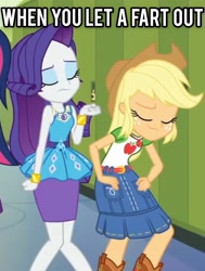 Size: 2048x2710 | Tagged: safe, edit, edited screencap, screencap, character:applejack, character:rarity, g4, my little pony: equestria girls, my little pony:equestria girls, spoiler:eqg series (season 2), cropped, duo focus, eyes closed, eyeshadow, implied farting, makeup, photo
