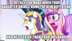 Size: 888x500 | Tagged: safe, edit, edited screencap, screencap, character:princess cadance, character:shining armor, species:alicorn, species:pony, species:unicorn, episode:the beginning of the end, g4, my little pony: friendship is magic, caption, female, image macro, implied flurry heart, male, mare, meme, shocked, shocked expression, shocked face, stallion, text