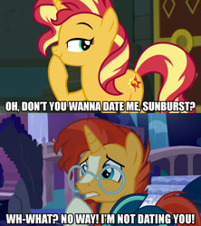 Size: 1280x1440 | Tagged: safe, edit, edited screencap, screencap, character:sunburst, character:sunset shimmer, species:pony, species:unicorn, ship:shimmerburst, episode:student counsel, equestria girls:forgotten friendship, g4, my little pony: equestria girls, my little pony:equestria girls, anti-shipping, caption, female, image macro, male, meme, shipping, shipping denied, straight, text