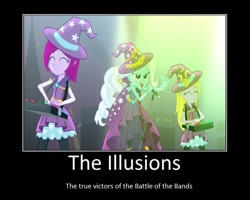 Size: 1024x820 | Tagged: safe, edit, edited screencap, screencap, character:fuchsia blush, character:lavender lace, character:trixie, equestria girls:rainbow rocks, g4, my little pony: equestria girls, my little pony:equestria girls, clothing, demotivational poster, dress, female, hat, low quality, meme, microphone, op has a point, trixie and the illusions, trixie's hat