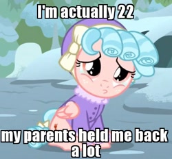 Size: 539x500 | Tagged: safe, edit, edited screencap, screencap, character:cozy glow, species:pegasus, species:pony, episode:frenemies, g4, my little pony: friendship is magic, caption, clothing, cozy glow is best facemaker, cozybetes, cozybuse, cropped, cute, female, filly, foal, hat, image macro, jimmy neutron, meme, pouting, sad, sitting, snow, solo, text, winter outfit