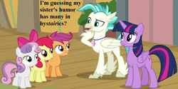 Size: 1152x576 | Tagged: safe, edit, edited screencap, screencap, character:apple bloom, character:scootaloo, character:sweetie belle, character:terramar, character:twilight sparkle, character:twilight sparkle (alicorn), species:alicorn, species:pegasus, species:pony, episode:surf and/or turf, g4, my little pony: friendship is magic, adorabloom, cropped, cute, cutealoo, diasweetes, implied silverstream, jewelry, necklace, pun, speech, terrabetes, twiabetes