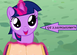 Size: 1008x720 | Tagged: safe, edit, edited screencap, screencap, character:twilight sparkle, character:twilight sparkle (unicorn), species:pony, species:unicorn, episode:a canterlot wedding, g4, my little pony: friendship is magic, arrow, book, cropped, cute, female, filly, filly twilight sparkle, magic, magic aura, pi, pun, text, twiabetes, younger