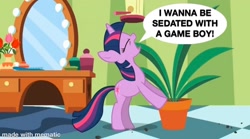 Size: 1200x668 | Tagged: safe, edit, edited screencap, screencap, character:twilight sparkle, episode:green isn't your color, g4, my little pony: friendship is magic, angry video game nerd, exploitable meme, female, game boy, meme, potted plant, secret pot meme, solo, yelling