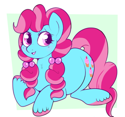 Size: 800x746 | Tagged: safe, artist:lulubell, character:cup cake, species:earth pony, species:pony, abstract background, chiffon swirl, chubby, female, mare, open mouth, plump, raised hoof, solo, unshorn fetlocks