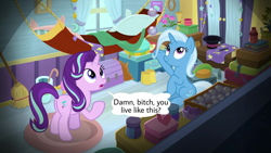Size: 1920x1080 | Tagged: safe, edit, edited screencap, screencap, character:starlight glimmer, character:trixie, species:pony, species:unicorn, bitch, book, broom, clothing, duo, female, hammock, hat, magic wand, mare, meme, pillow, this is for emphasis bitch, trixie's wagon, vulgar