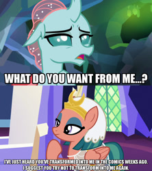 Size: 1280x1440 | Tagged: safe, edit, edited screencap, screencap, character:ocellus, character:somnambula, species:changedling, species:changeling, species:pegasus, species:pony, episode:shadow play, episode:what lies beneath, g4, my little pony: friendship is magic, spoiler:comic, caption, female, image macro, meme, text