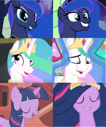 Size: 1017x1221 | Tagged: safe, edit, screencap, character:princess celestia, character:princess luna, character:twilight sparkle, character:twilight sparkle (alicorn), character:twilight sparkle (unicorn), species:alicorn, species:pony, species:unicorn, episode:between dark and dawn, episode:the last problem, g4, my little pony: friendship is magic, art evolution, before and after, comparison, episode needed, faec, female, golden oaks library, mare, older, older twilight, princess twilight 2.0