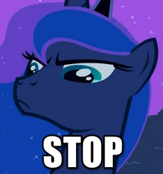 Size: 467x500 | Tagged: safe, edit, edited screencap, screencap, character:princess luna, episode:luna eclipsed, g4, my little pony: friendship is magic, caption, cropped, female, image macro, meme, solo, stop, text