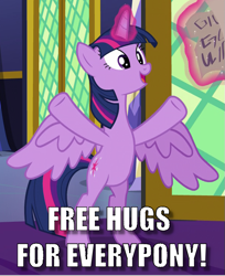 Size: 601x737 | Tagged: safe, edit, edited screencap, screencap, character:twilight sparkle, character:twilight sparkle (alicorn), species:alicorn, species:pony, episode:shadow play, g4, my little pony: friendship is magic, bipedal, caption, cropped, cute, female, free hugs, image macro, meme, solo, text, twiabetes