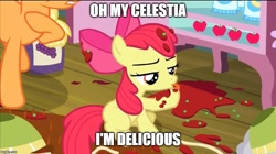 Size: 888x499 | Tagged: safe, edit, edited screencap, screencap, character:apple bloom, character:applejack, species:earth pony, species:pony, episode:somepony to watch over me, g4, my little pony: friendship is magic, caption, cropped, cute, female, filly, image macro, licking, mare, meme, messy, solo focus, text, tongue out