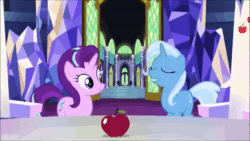 Size: 1920x1080 | Tagged: safe, edit, edited screencap, screencap, character:starlight glimmer, character:trixie, episode:all bottled up, g4, my little pony: friendship is magic, animated, apple, blast, duo, food, magic, magic beam, magic blast, sound, webm
