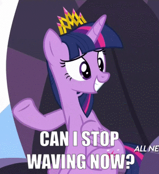 Size: 325x355 | Tagged: safe, edit, edited screencap, screencap, character:twilight sparkle, character:twilight sparkle (alicorn), species:alicorn, species:pony, episode:equestria games, g4, my little pony: friendship is magic, animated, caption, cropped, crown, female, image macro, jewelry, loop, meme, new crown, regalia, solo, text, waving