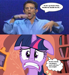 Size: 1227x1320 | Tagged: safe, edit, edited screencap, screencap, character:twilight sparkle, species:human, species:pony, species:unicorn, episode:secret of my excess, g4, my little pony: friendship is magic, book, cringing, dialogue, e3, floppy ears, freaked out, frown, glasses, golden oaks library, irl, irl human, mr caffeine, nightmare fuel, noise, photo, season 2, speech bubble, text, thought bubble