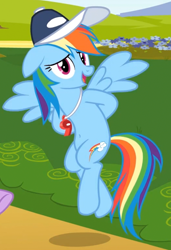 Size: 428x625 | Tagged: safe, edit, edited screencap, screencap, character:rainbow dash, species:pegasus, species:pony, /mlp/, episode:hurricane fluttershy, g4, my little pony: friendship is magic, belly button, cap, clothing, coach rainbow dash, cropped, cute, dashabetes, female, flying, hat, solo, whistle, whistle necklace, wings