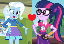 Size: 1450x1016 | Tagged: safe, edit, edited screencap, screencap, character:trixie, character:twilight sparkle, character:twilight sparkle (scitwi), species:eqg human, ship:twixie, equestria girls:forgotten friendship, equestria girls:sunset's backstage pass, g4, my little pony: equestria girls, my little pony:equestria girls, spoiler:eqg series (season 2), canterlot high, female, lesbian, lockers, music festival outfit, sci-twixie, shipping, shipping domino