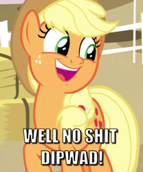 Size: 640x768 | Tagged: safe, edit, edited screencap, screencap, character:applejack, episode:going to seed, g4, my little pony: friendship is magic, caption, cropped, female, image macro, meme, solo, text, vulgar