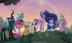 Size: 1384x838 | Tagged: safe, edit, edited screencap, screencap, character:applejack, character:fluttershy, character:pinkie pie, character:queen chrysalis, character:rainbow dash, character:rarity, character:spike, character:twilight sparkle, character:twilight sparkle (alicorn), species:alicorn, species:changeling, species:dragon, species:pegasus, species:pony, species:unicorn, episode:the last problem, g4, my little pony: friendship is magic, a better ending for chrysalis, adorkable, alternate ending, alternate hairstyle, alternate scenario, alternate universe, awkward smile, changeling queen, character development, cropped, crown, cute, cutealis, dork, dorkalis, end of ponies, excited, faec, female, former queen chrysalis, gigachad spike, giggling, good end, grin, happy, immature, irrational exuberance, jewelry, mane seven, mane six, mare, older, older applejack, older fluttershy, older mane seven, older mane six, older pinkie pie, older rainbow dash, older rarity, older spike, older twilight, princess twilight 2.0, redemption, reformed, regalia, silly, smiling, spead wings, spread wings, squee, standing, sunset, sweet apple acres barn, sweet dreams fuel, teeth, the end, vector, vector edit, what if, when she smiles, winged spike, wings
