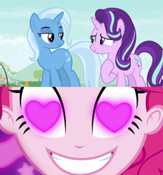 Size: 540x580 | Tagged: safe, edit, edited screencap, screencap, character:pinkie pie, character:starlight glimmer, character:trixie, ship:startrix, episode:coinky-dink world, episode:student counsel, eqg summertime shorts, g4, my little pony: equestria girls, my little pony:equestria girls, female, heart eyes, lesbian, meme, pinkie's eyes, shipping, wingding eyes