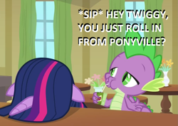 Size: 1013x719 | Tagged: safe, edit, edited screencap, screencap, character:spike, character:twilight sparkle, character:twilight sparkle (alicorn), species:alicorn, species:dragon, species:pony, episode:the point of no return, g4, my little pony: friendship is magic, big pink loser, cropped, dexterous hooves, dialogue, duo, facedesk, juice, juice box, musical instrument, parody, spongebob squarepants, trumpet, winged spike