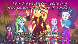 Size: 888x500 | Tagged: safe, edit, edited screencap, screencap, character:applejack, character:fluttershy, character:pinkie pie, character:rainbow dash, character:rarity, character:sunset shimmer, character:twilight sparkle, character:twilight sparkle (scitwi), species:eqg human, equestria girls:sunset's backstage pass, g4, my little pony: equestria girls, my little pony:equestria girls, spoiler:eqg series (season 2), caption, fashion, humane five, humane seven, humane six, image macro, music festival outfit, text