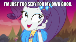 Size: 600x337 | Tagged: safe, edit, edited screencap, screencap, character:rarity, equestria girls:sunset's backstage pass, g4, my little pony: equestria girls, my little pony:equestria girls, spoiler:eqg series (season 2), caption, female, geode of shielding, image macro, magical geodes, meme, music festival outfit, solo, text