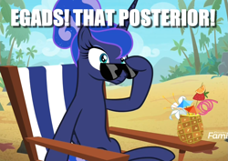 Size: 1525x1077 | Tagged: safe, edit, edited screencap, screencap, character:princess luna, episode:between dark and dawn, g4, my little pony: friendship is magic, alternate hairstyle, caption, cropped, dat butt, discovery family logo, drink, food, image macro, meme, on the moon for too long, pineapple, sunglasses, text, ye olde english