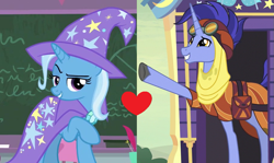 Size: 901x538 | Tagged: safe, edit, edited screencap, screencap, character:hoo'far, character:trixie, ship:trixfar, episode:a horse shoe-in, episode:on the road to friendship, g4, my little pony: friendship is magic, female, male, shipping, shipping domino, straight