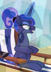 Size: 519x724 | Tagged: safe, edit, screencap, character:princess luna, character:twilight sparkle, episode:between dark and dawn, g4, my little pony: friendship is magic, chair, cropped, fadeout, female, glowing horn, horn, lidded eyes, open mouth, sitting, smiling, solo
